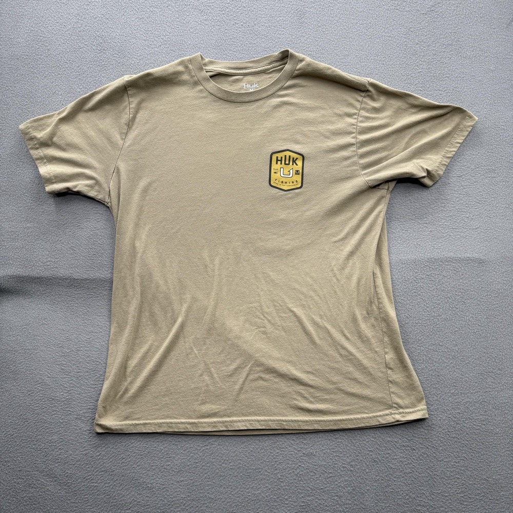 Huk Shirt Mens Medium Beige Fishing Logo Back Graphic Tee Tagless Outdoor